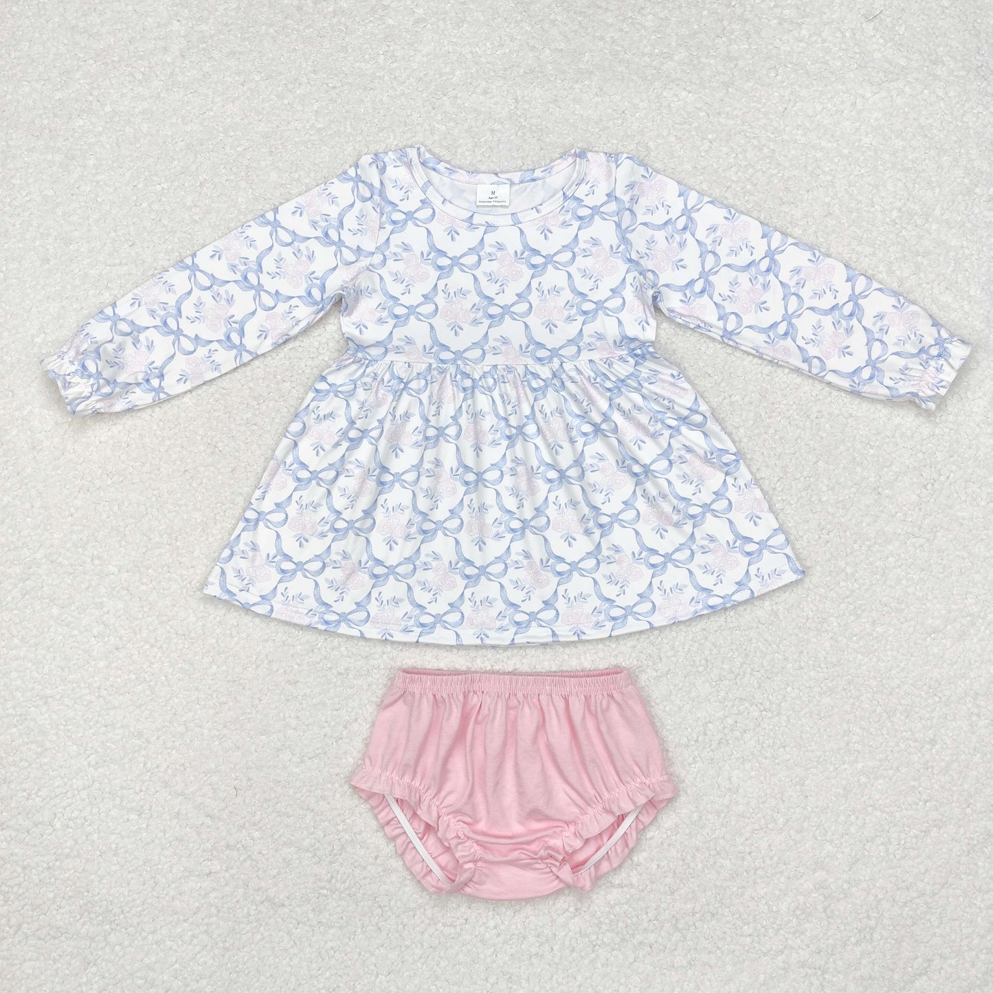 GBO0426 Blue Bows Tunic Top Pink Shorts Baby Girls Fall Bummie Set