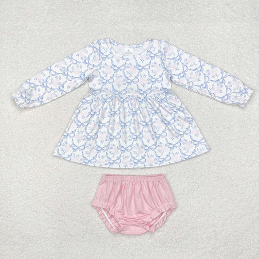 GBO0426 Blue Bows Tunic Top Pink Shorts Baby Girls Fall Bummie Set