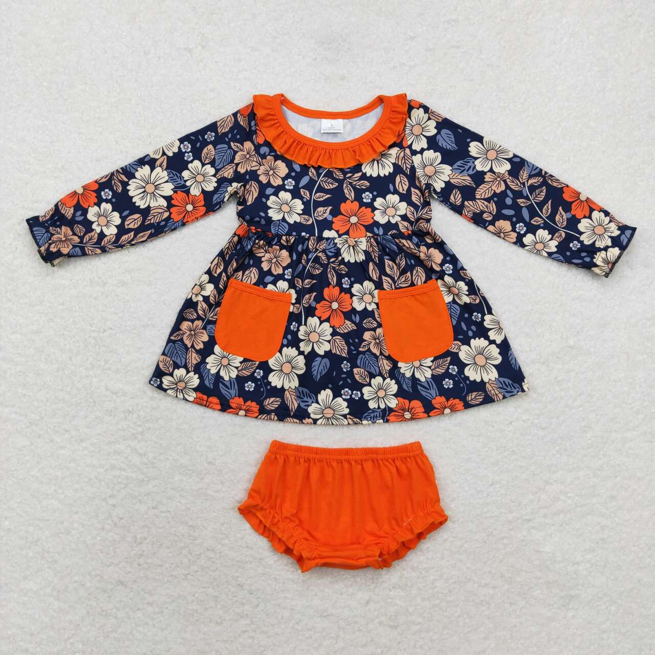 GBO0430 Flowers Pockets Tunic Top Orange Shorts Baby Girls Fall Bummie Set