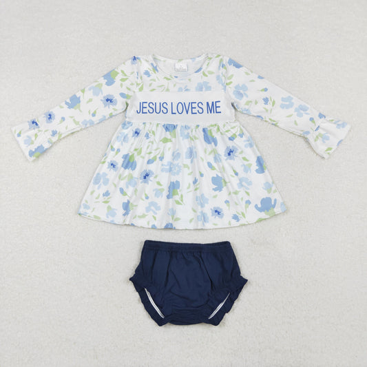 GBO0435 Jesus Loves Me Flowers Tunic Top Blue Shorts Baby Girls Fall Bummie Set