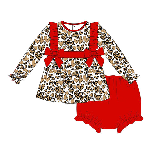 (Pre-order)GBO0441 Heart Leopard Tunic Top Red Shorts Baby Girls Fall Bummie Set