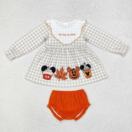 GBO0442 Cartoon Mouse Pumpkin Tunic Top Orange Shorts Baby Girls Fall Bummie Set