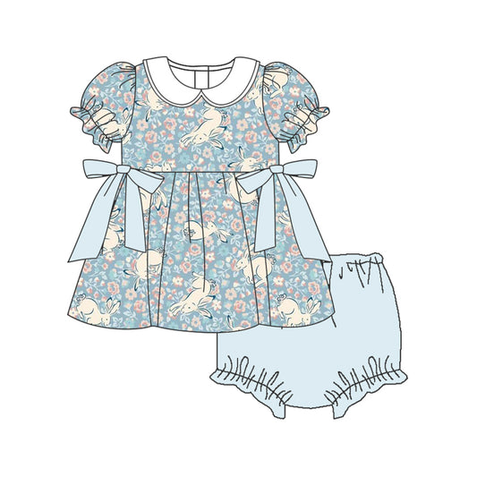 (Pre-order)GBO0444 Bunny Flowers Top Blue Shorts Baby Girls Easter Bummie Set