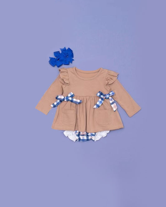 (Pre-order)GBO0445 Brown Tunic Top Plaid Shorts Baby Girls Bummie Set