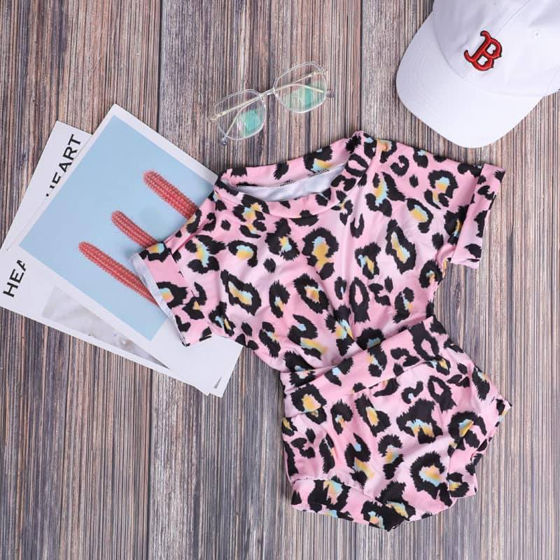 (Pre-order)GBO0447 Pink Leopard Print Baby Girls Summer Bummie Set