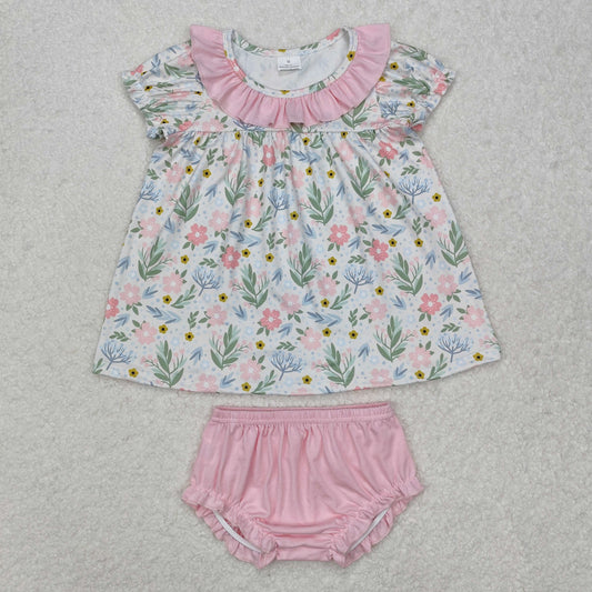 GBO0449 Flowers Tunic Top Pink Shorts Baby Girls Summer Bummie Set