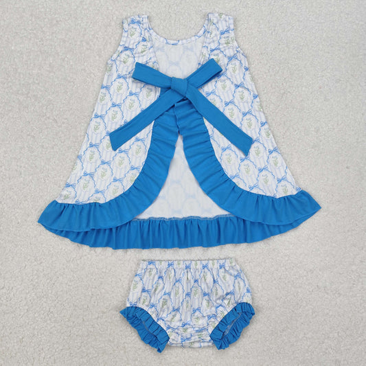 GBO0450 Flowers Bows Blue Print Backless Baby Girls Summer Bummie Set