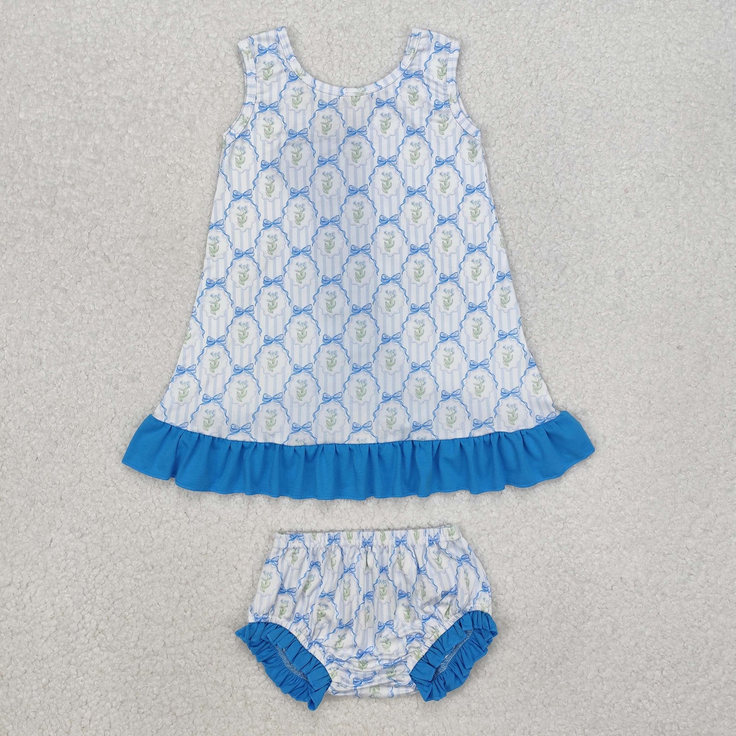 GBO0450 Flowers Bows Blue Print Backless Baby Girls Summer Bummie Set