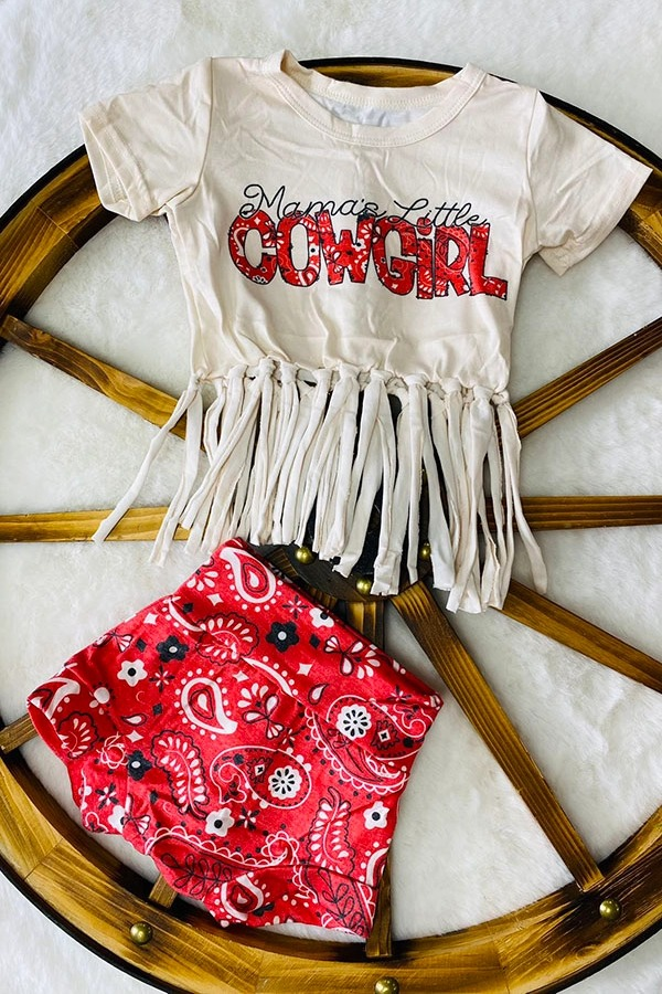 (Pre-order)GBO0451 MAMA'S Little Cowgirl Tassels Top Paisley Shorts Baby Girls Summer Bummie Set