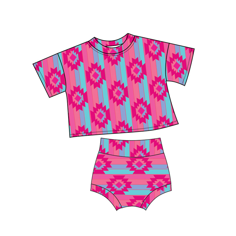 (Pre-order)GBO0457 Aztec Hot Pink Print Baby Summer Bummie Set