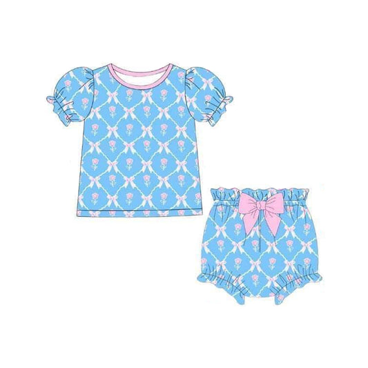 (Pre-order)GBO0461 Flowers Bows Blue Print Baby Girls Summer Bummie Set