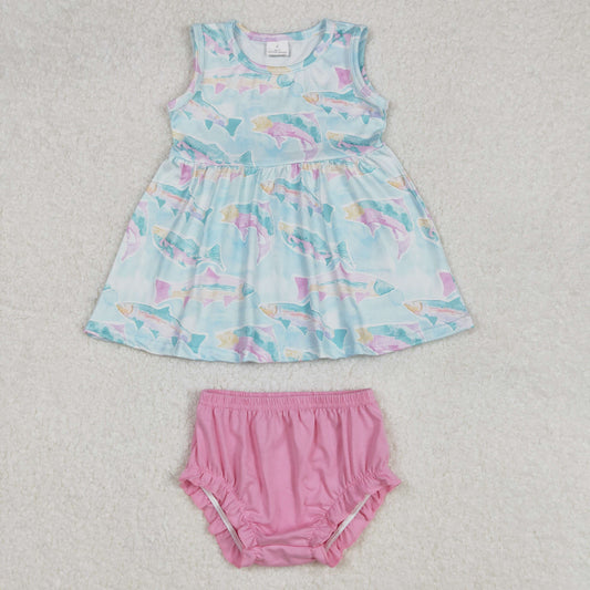 GBO0464 Colorful Fish Print Baby Girls Summer Bummie Set