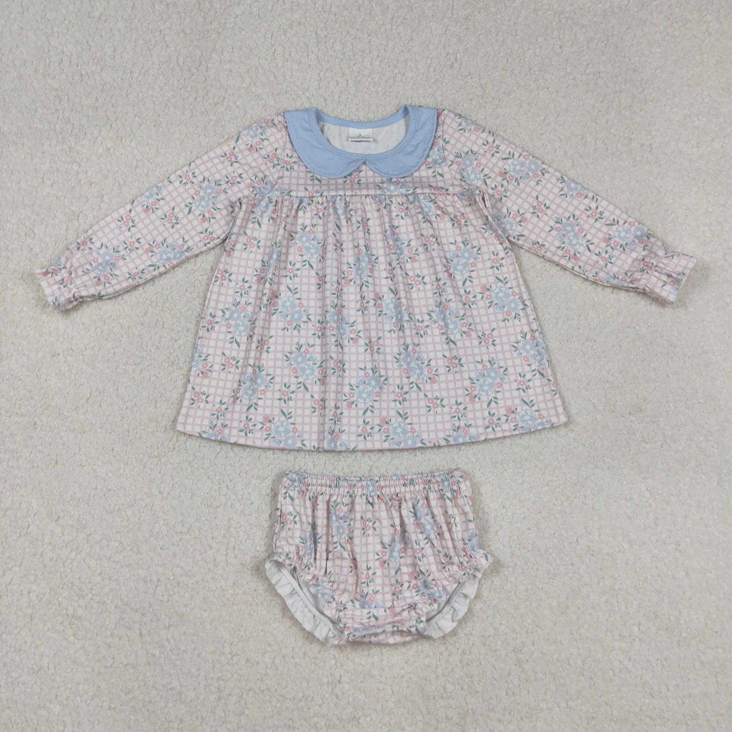 GBO0466 Flowers Pink Plaid Print Baby Girls Bummie Set