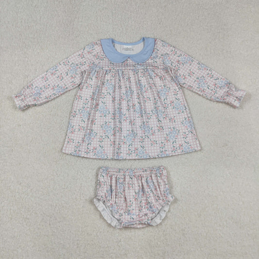 GBO0466 Flowers Pink Plaid Print Baby Girls Bummie Set