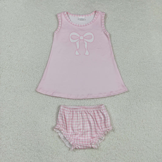 GBO0469 Bow Pink Top Plaid Shorts Baby Girls Summer Bummie Set