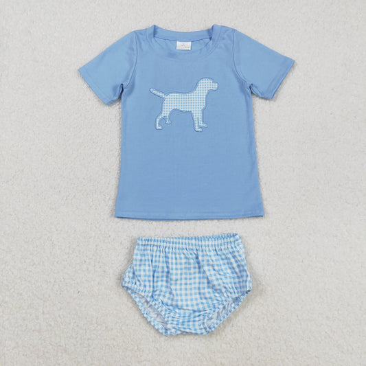 GBO0470 Dog Embroidery Blue Top Plaid Shorts Baby Boys Summer Bummie Set