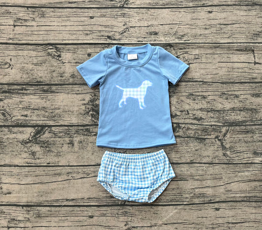 (Pre-order)GBO0470 Dog Blue Top Plaid Shorts Baby Boys Summer Bummie Set