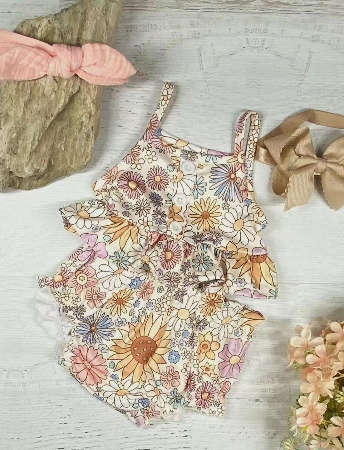 (Pre-order)GBO0472  Colorful Flowers Tunic Top Shorts Baby Girls Summer Bummie Set