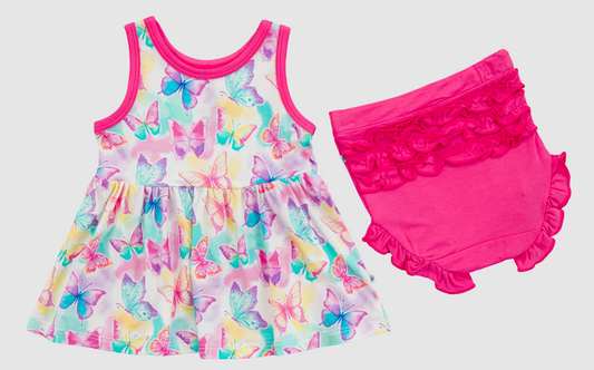 (Pre-order)GBO0477  Colorful Butterfly Tunic Top Ruffle Shorts Baby Girls Summer Bummie Set