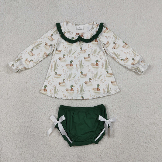 GBO0482  Duck Tunic Top Green Shorts Baby Girls Bummie Set