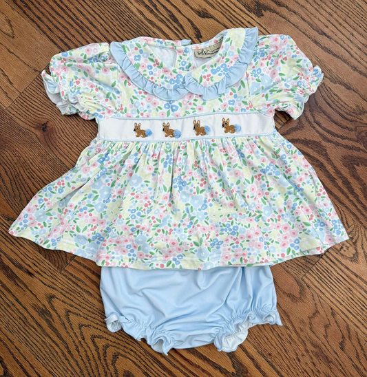 (Pre-order)GBO0497  Bunny Flowers Tunic Top Blue Shorts Baby Girls Easter Bummie Set