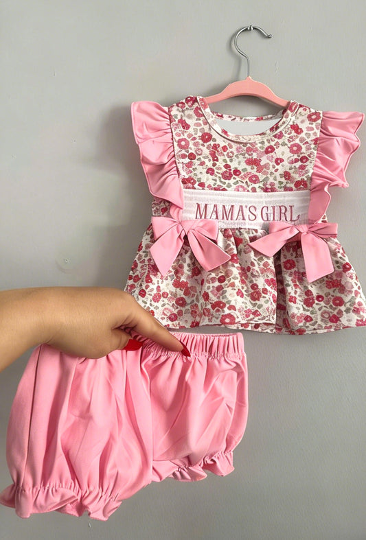 (Pre-order)GBO0500  MAMAS GIRL Flowers Tunic Top Pink Shorts Baby Girls Summer Bummie Set