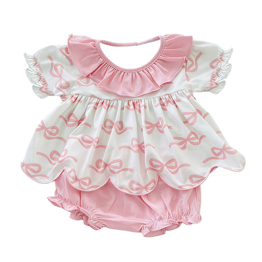 (Pre-order)GBO0501  Pink Bows Print Baby Girls Summer Bummie Set