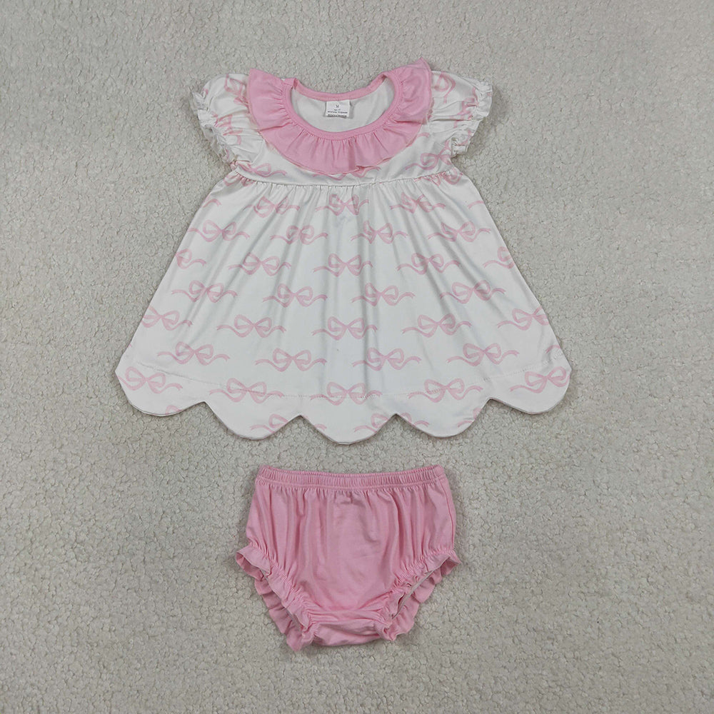 GBO0501  Pink Bows Scallop Tunic Top Baby Girls Summer Bummie Set