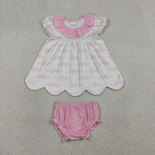 GBO0501  Pink Bows Scallop Tunic Top Baby Girls Summer Bummie Set