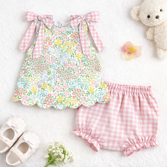 (Custom Design Preorder MOQ 5) Colorful Flowers Tunic Top Pink Plaid Shorts Baby Girls Summer Bummie Set