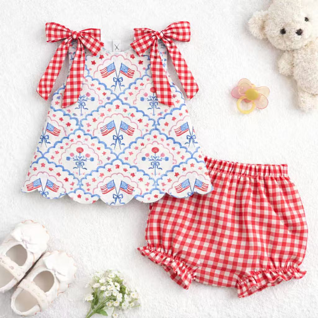 (Custom Design Preorder MOQ 5) Flag Bows Tunic Top Red Plaid Shorts Baby Girls 4th of July Bummie Set