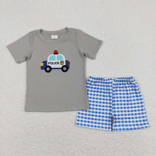 BSSO0566 Police Car Embroidery Top Plaid Shorts Boys Summer Clothes Set