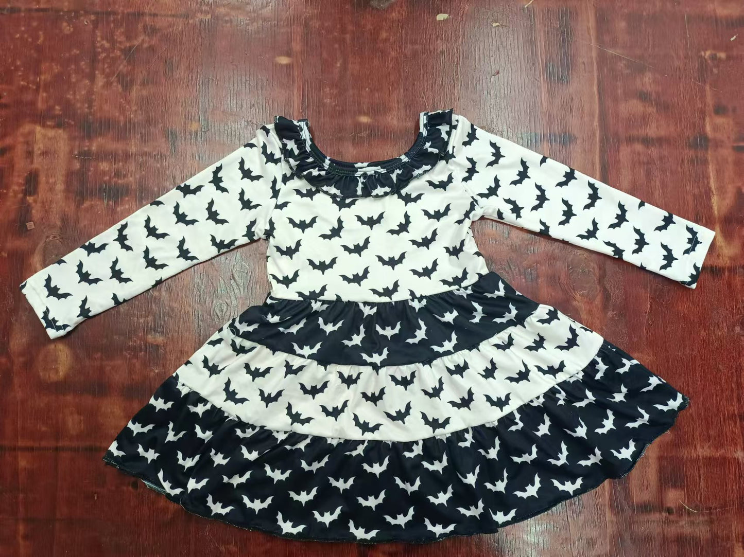 (Custom Design Preorder MOQ 5) Bat Print Girls Knee Length Halloween Dress