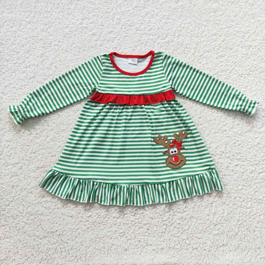 GLD0207 Girls green stripes Christmas deer embroidery knee length dress