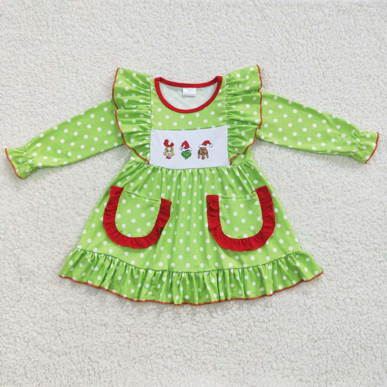 GLD0217 Girls green dots pockets Christmas knee length dress