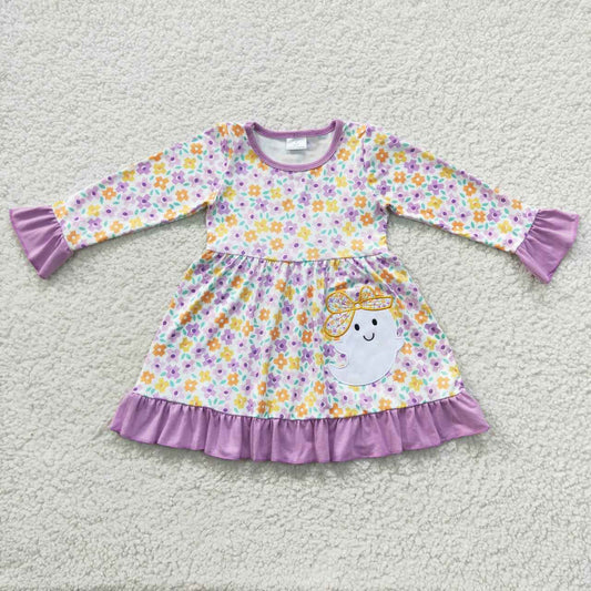 GLD0220 Purple cute ghost embroidery print flowers girls Halloween knee length dress