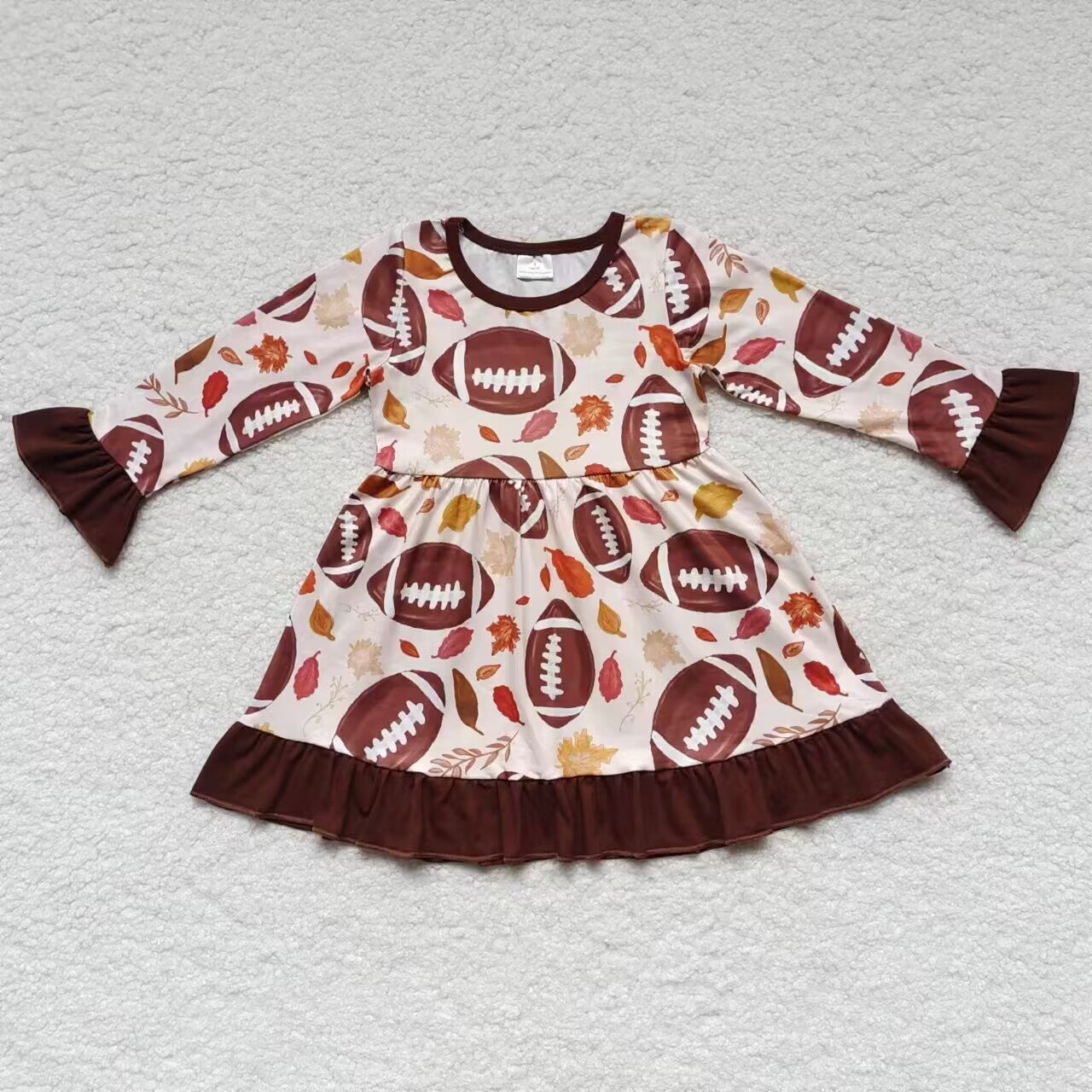 GLD0222 Brown ruffle leaf football print girls fall dress