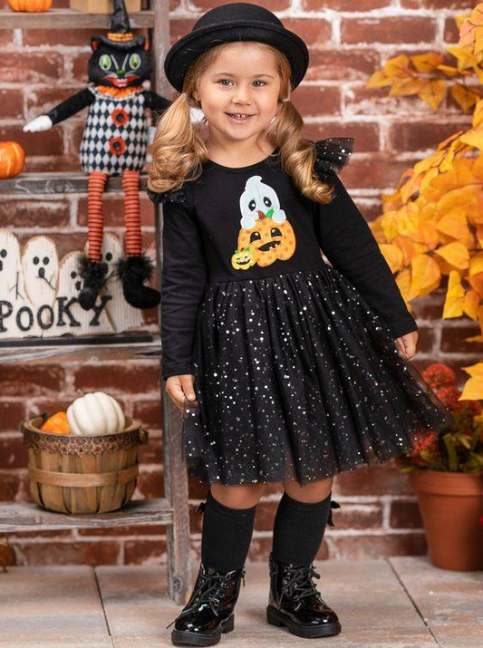 GLD0224 Girls Halloween pumpkin black knee length tulle dress