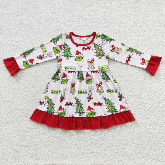 GLD0235 Red ruffle Christmas Frog print girls long sleeve dress