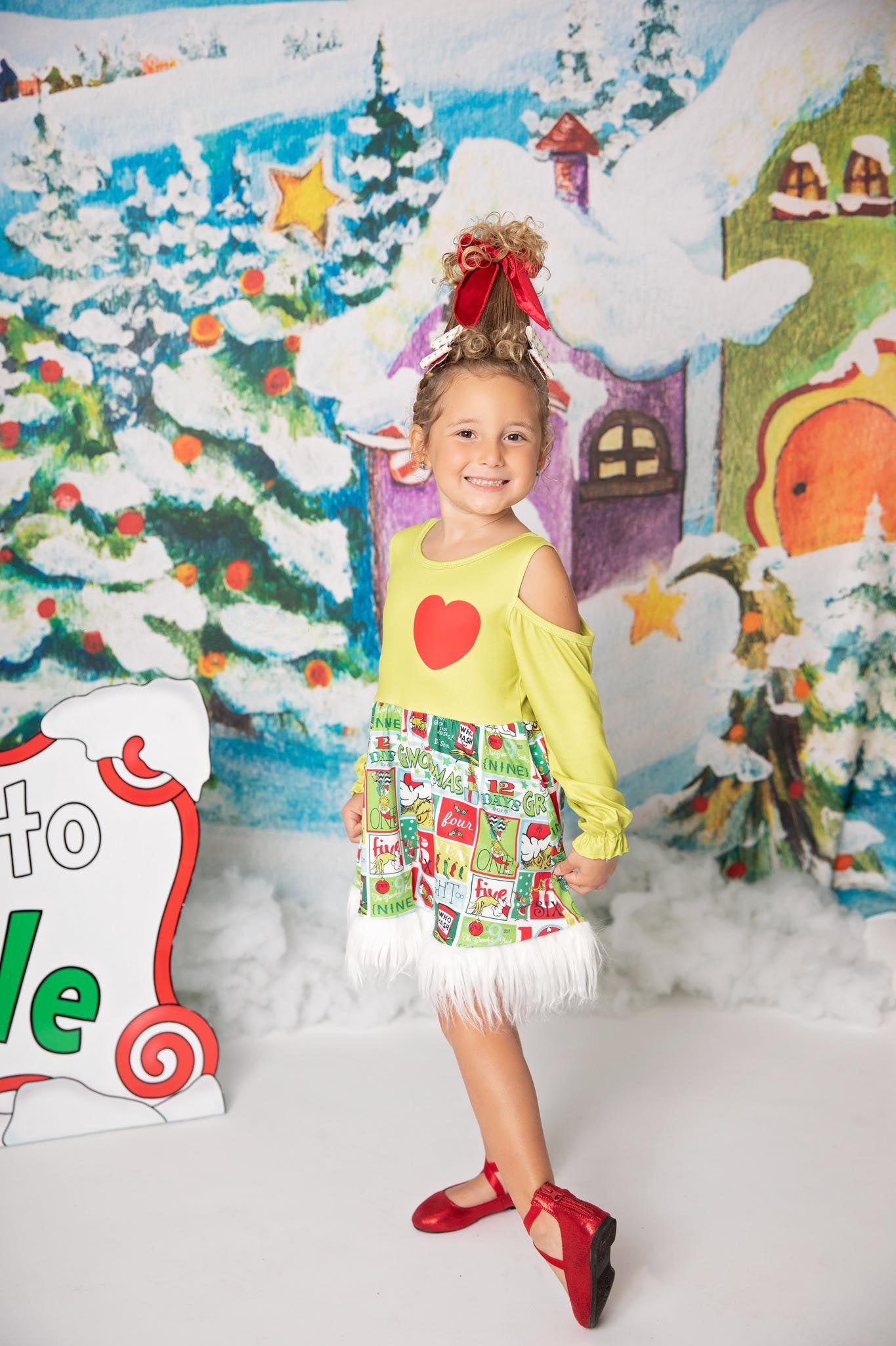 GLD0247 Girls Christmas frog fur ruffles dress