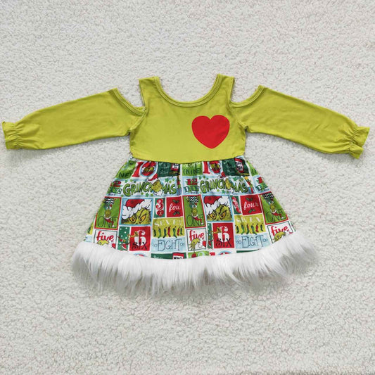 GLD0247 Girls Christmas frog fur ruffles dress