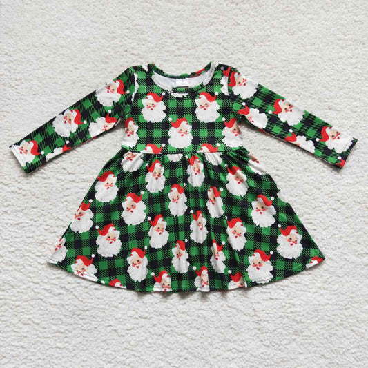 GLD0262  Christmas santa green plaid print knee length dress