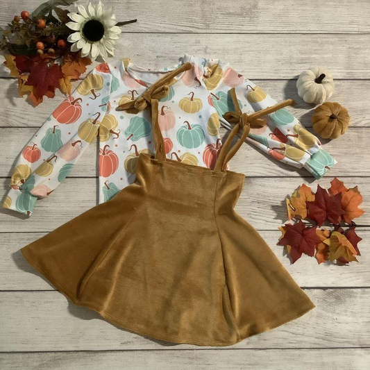 GLD0289 Pumpkin top velvet skirt girls fall clothing sets