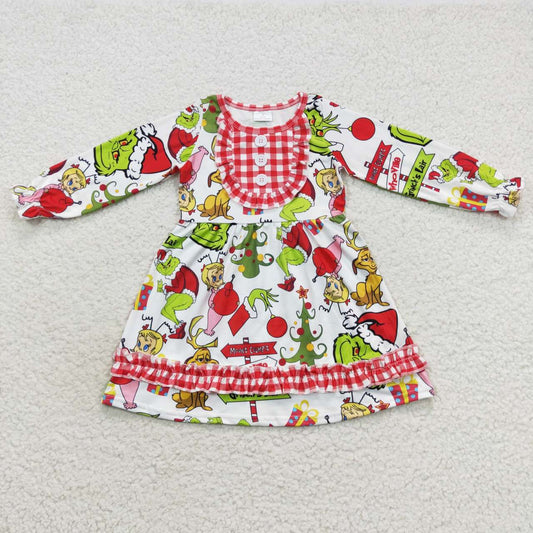 GLD0297  Christmas green frog print girls ruffle knee length dress