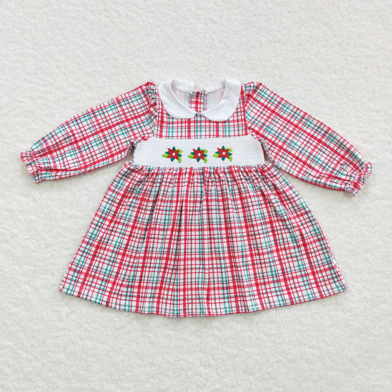 GLD0300 Long Sleeve Plaid Christmas Embroidery Smocked Knee Length Dress