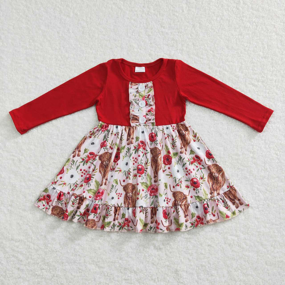 Highland Cow Red Flowers Girls Valentine's Day Clothes Sisters Western Wear