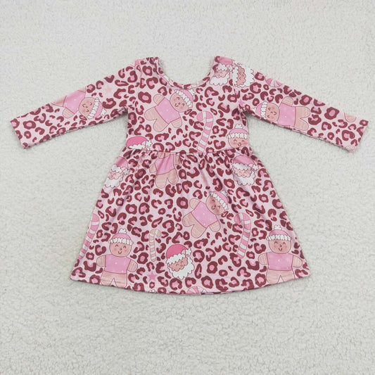 GLD0327 Pink leopard gingersnap and Santa print knee length Christmas dress