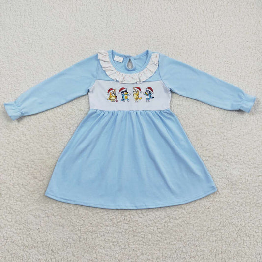 GLD0328 Blue cartoon dog embroidery print knee length Christmas dress