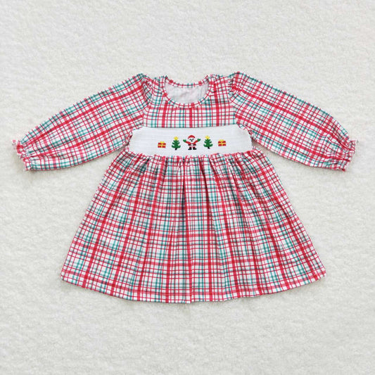 GLD0331 Green Red Plaid Santa Gift Embroidery Smocked Knee Length Dress