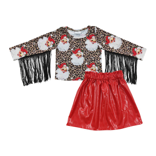 GLD0341 Christmas Santa tassel top red leather skirts girls clothes set